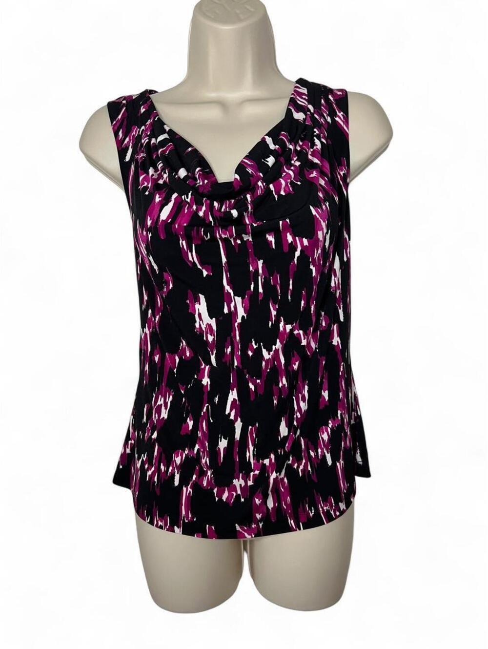 Calvin Klein Top Womens Small Purple Pink Black Abstract Cowl Neck Tank Blouse